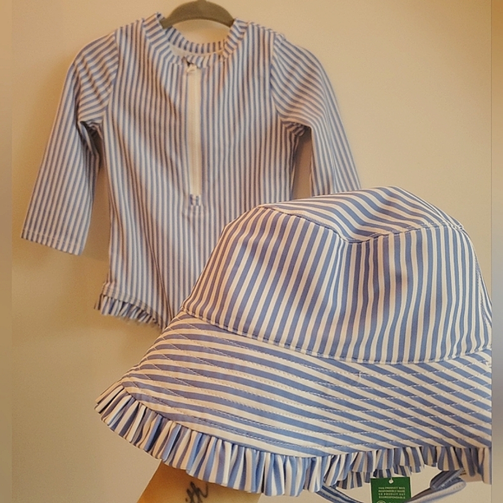 Blue and White Striped Jacket and Hat Set